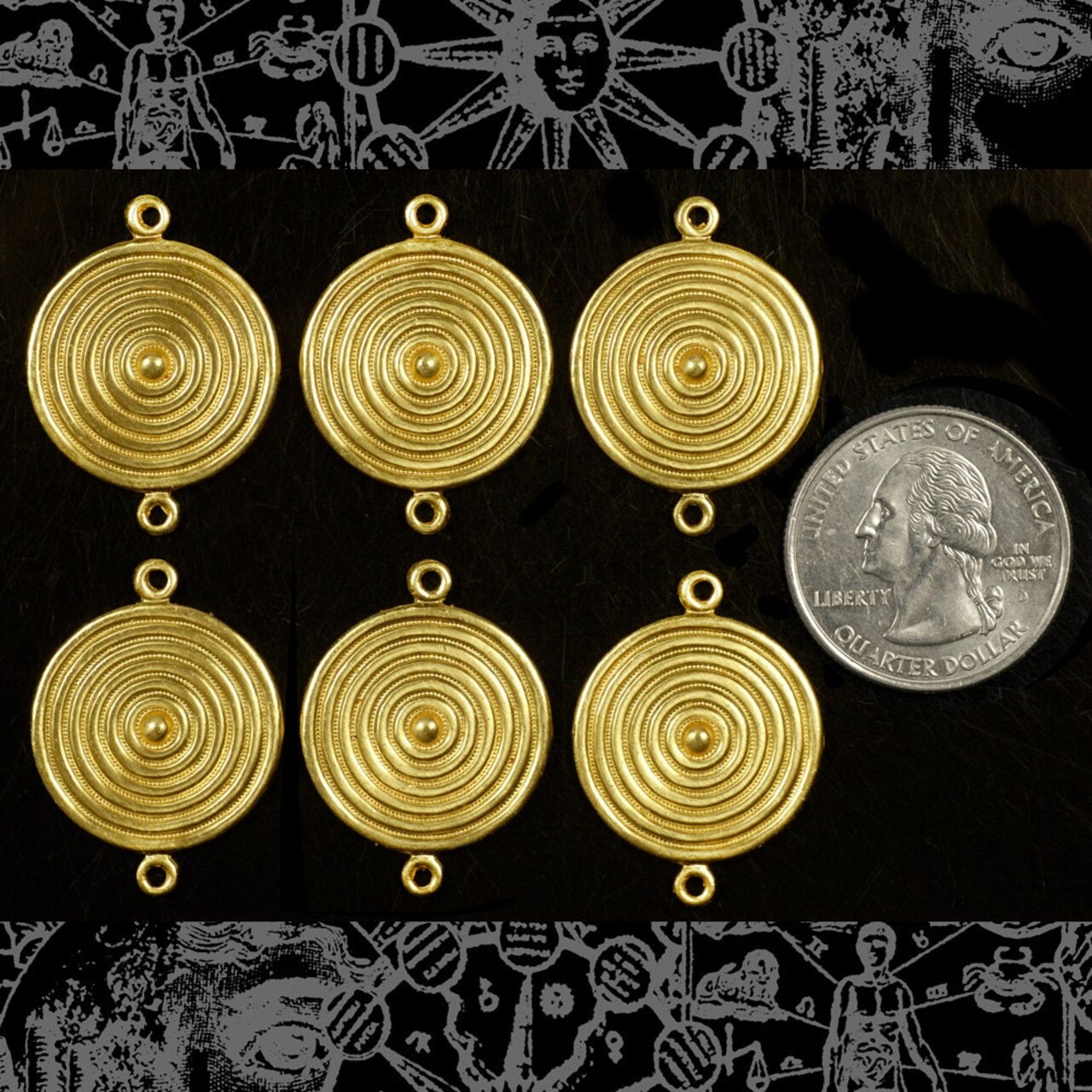 Raw Brass Round Spinner Two Ring Connectors - Set of Six - XXX - B-2C81